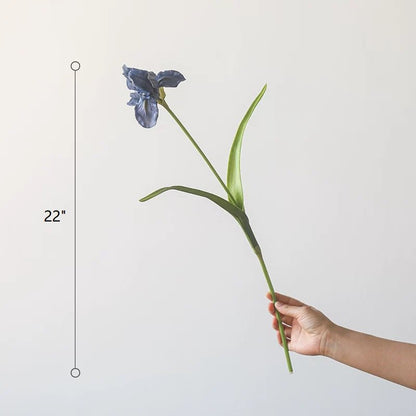 Silk iris flower stem with blue petals, 22-inch tall, RusticReach, green leaves against white on Tampa Home & Garden Store