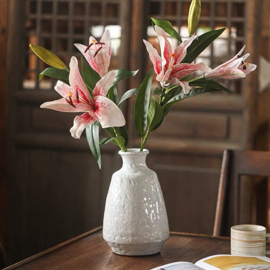 Artificial Real Touch Lily Stem 30 in tall RusticReach two pink lilies in white vase on Tampa Home & Garden Store