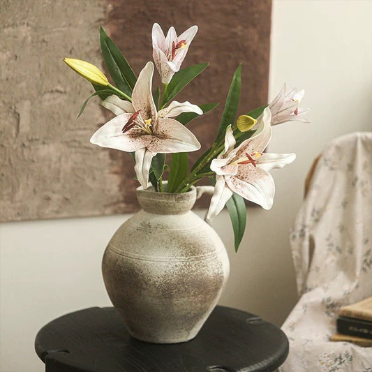 Artificial Real Touch Lily Stem 30in tall set of 3 pale lilies with leaves in a ceramic vase on Tampa Home & Garden Store