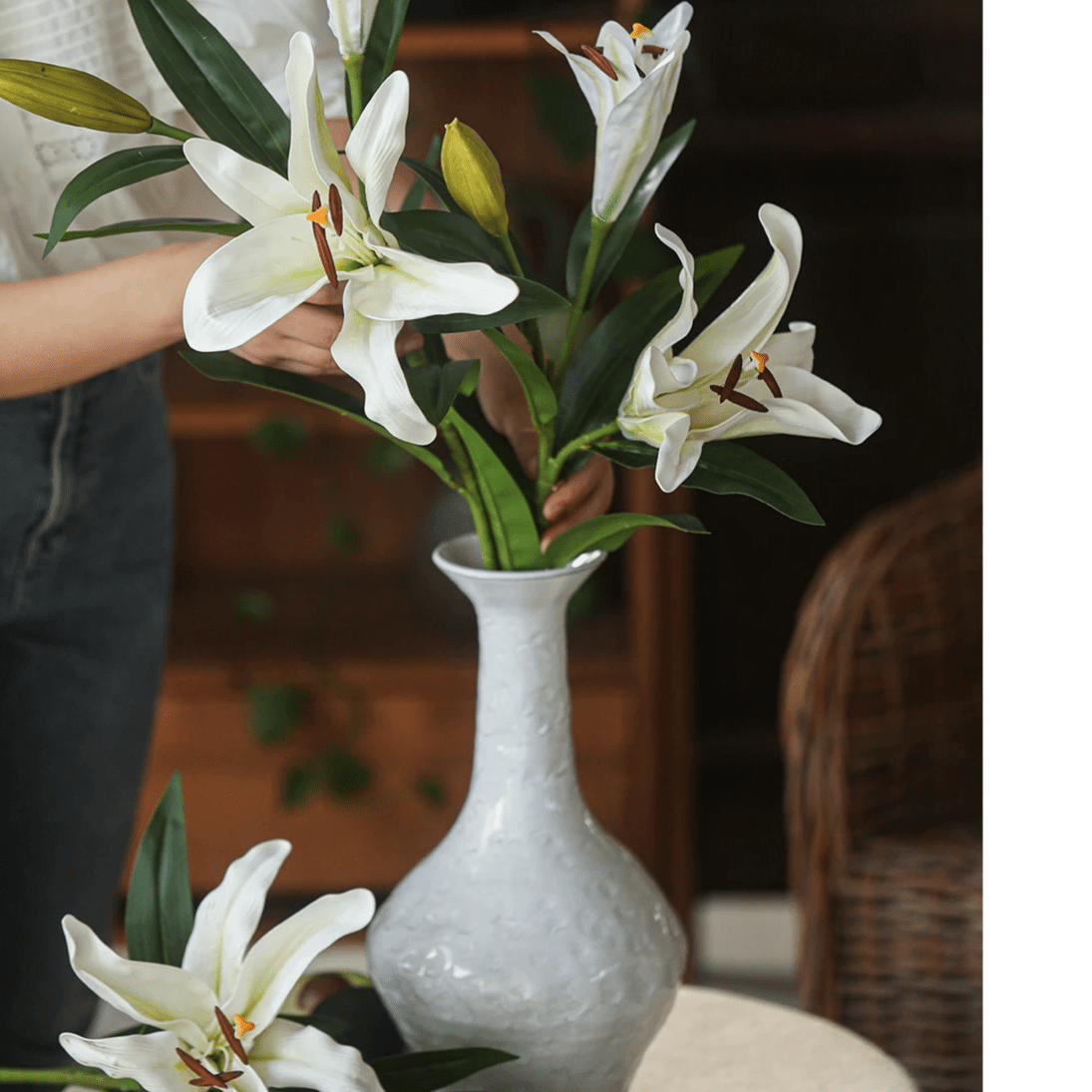 Artificial Real Touch Lily Stem 30in Tall white lilies with green leaves in a gray ceramic vase RusticReach on Tampa Home & Garden Store