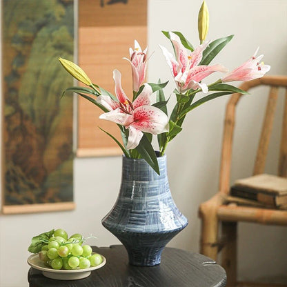 Artificial Real Touch Lily Stem set of 5 with pink-white blooms in blue ceramic vase RusticReach on Tampa Home & Garden Store