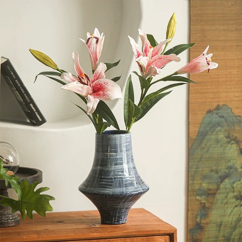 Artificial Real Touch Lily Stem 30 Tall RusticReach in blue vase with pink lilies and leaves on Tampa Home & Garden Store