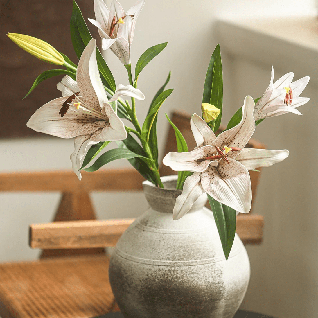 RusticReach artificial real touch lily stem 30in tall with white speckled petals on Tampa Home & Garden Store