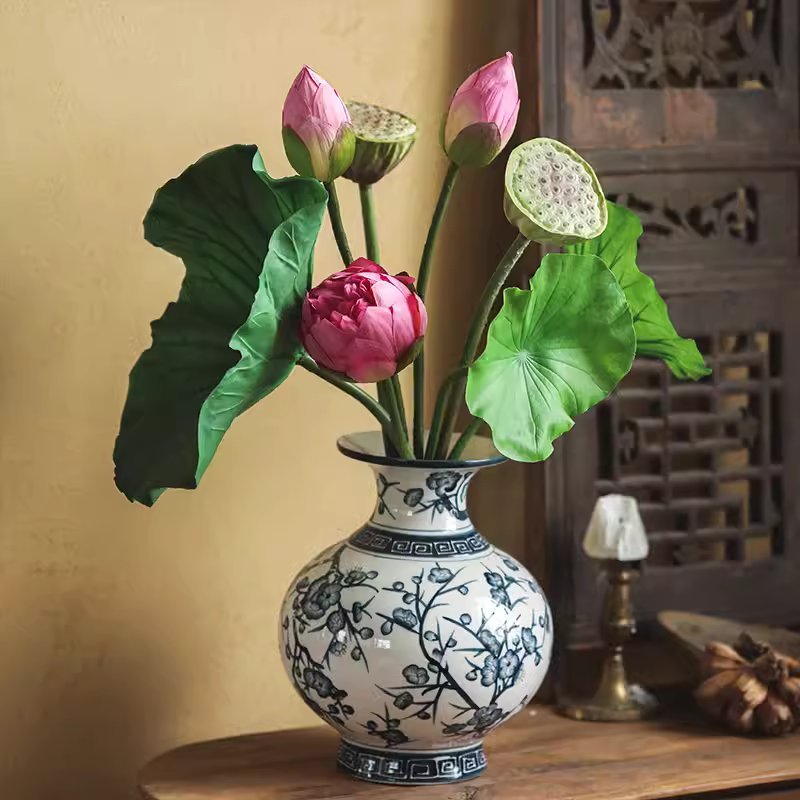 Artificial lotus flower and seedpod by RusticReach in a blue ceramic vase with pink blooms on Tampa Home & Garden Store