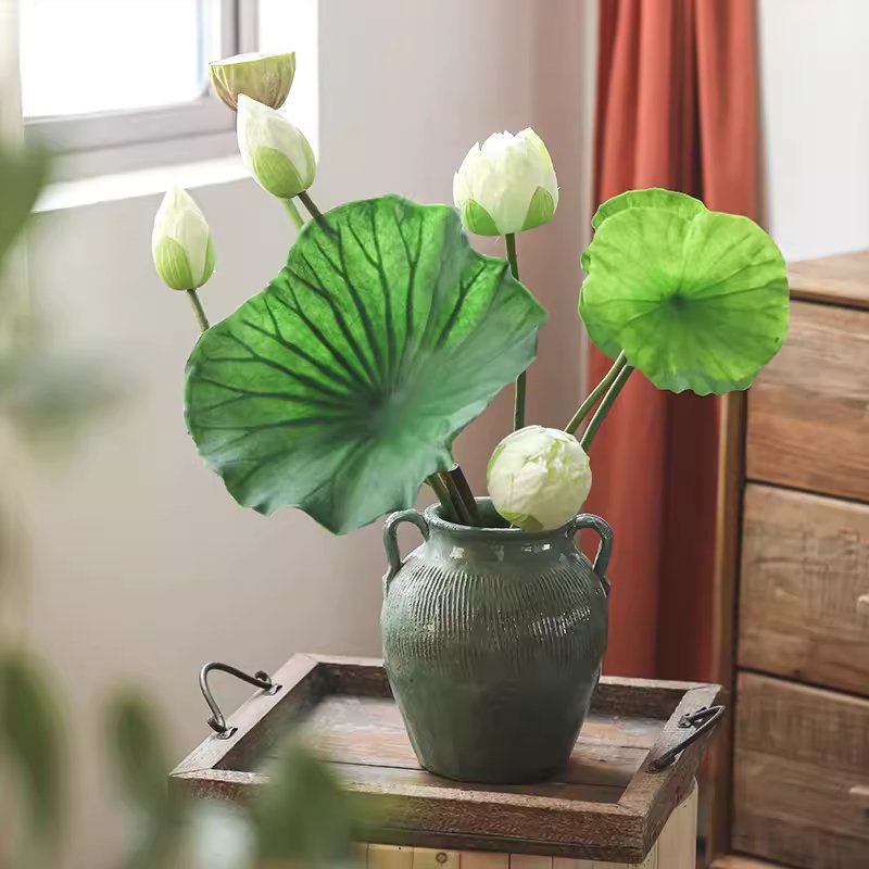 Artificial Lotus Flower and Seedpod in green ceramic vase with lotus leaves by RusticReach on Tampa Home & Garden Store