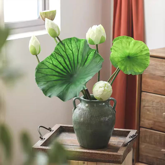 Artificial Lotus Flower and Seedpod in green ceramic vase with lotus leaves by RusticReach on Tampa Home & Garden Store