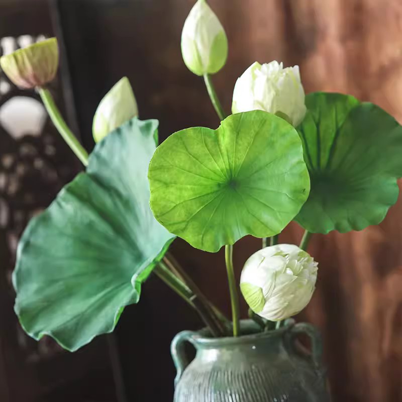 Artificial lotus flower and seedpod by RusticReach with green lotus leaves in a ceramic vase on Tampa Home & Garden Store
