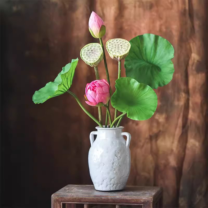 Artificial Lotus Flower and Seedpod by RusticReach white vase with pink buds and green leaves on Tampa Home & Garden Store