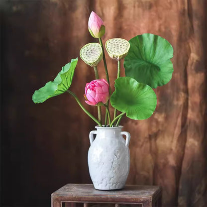 Artificial Lotus Flower and Seedpod by RusticReach white vase with pink buds and green leaves on Tampa Home & Garden Store