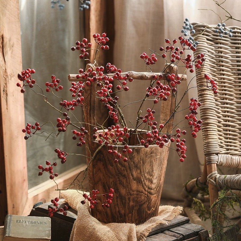 Mini Fruit Berry Stem 30in Tall artificial plant in wooden vase with red berries RusticReach on Tampa Home & Garden Store
