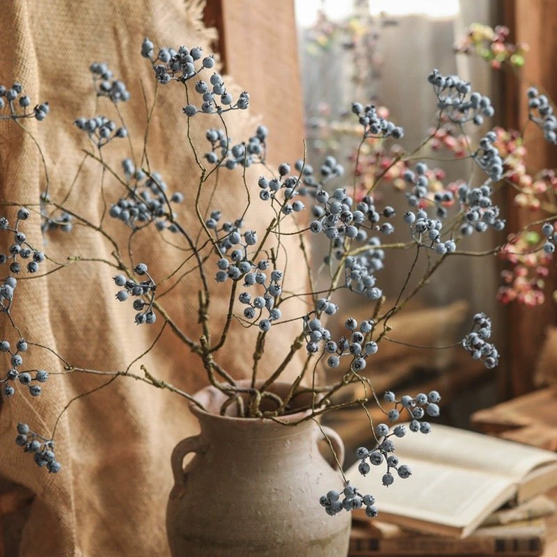 Mini Fruit Berry Stem 30in tall with blue berry clusters in rustic vase RusticReach on Tampa Home & Garden Store