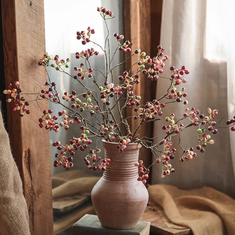 Mini Fruit Berry Stem 30-inch tall artificial plant RusticReach in tan vase with berry clusters on Tampa Home & Garden Store