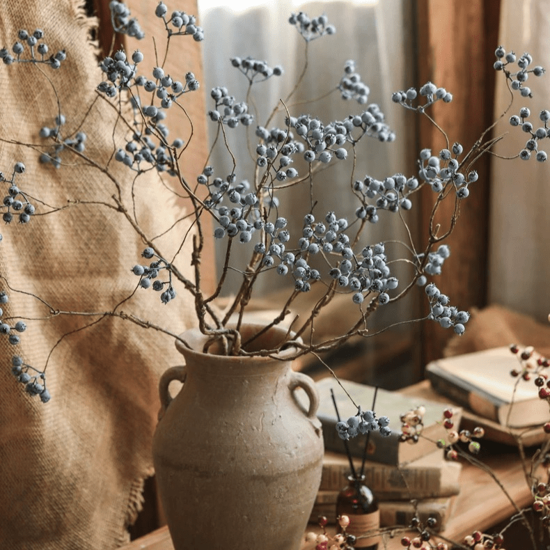 Mini Fruit Berry Stem 30in tall artificial plant with gray berries in rustic vase by RusticReach on Tampa Home & Garden Store