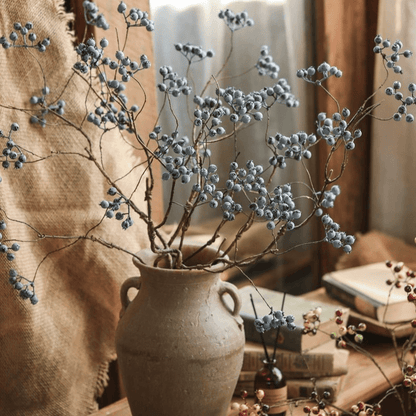 Mini Fruit Berry Stem 30in tall artificial plant with gray berries in rustic vase by RusticReach on Tampa Home & Garden Store