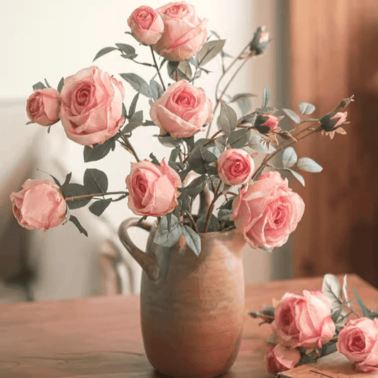 Miriya Large Rose Flower Stem by RusticReach, pink roses in a ceramic pitcher with eucalyptus on Tampa Home & Garden Store