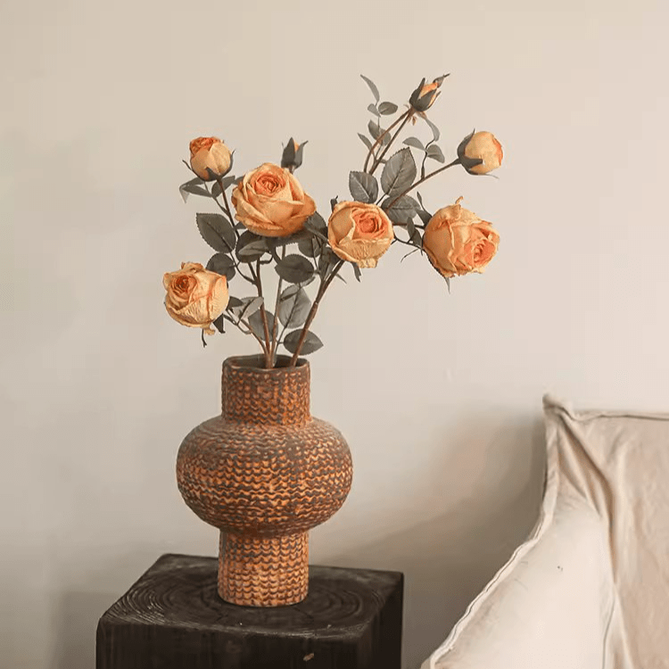 Miriya Rose Stem with peach roses and gray-green leaves in woven vase, 25.2 in tall on Tampa Home & Garden Store