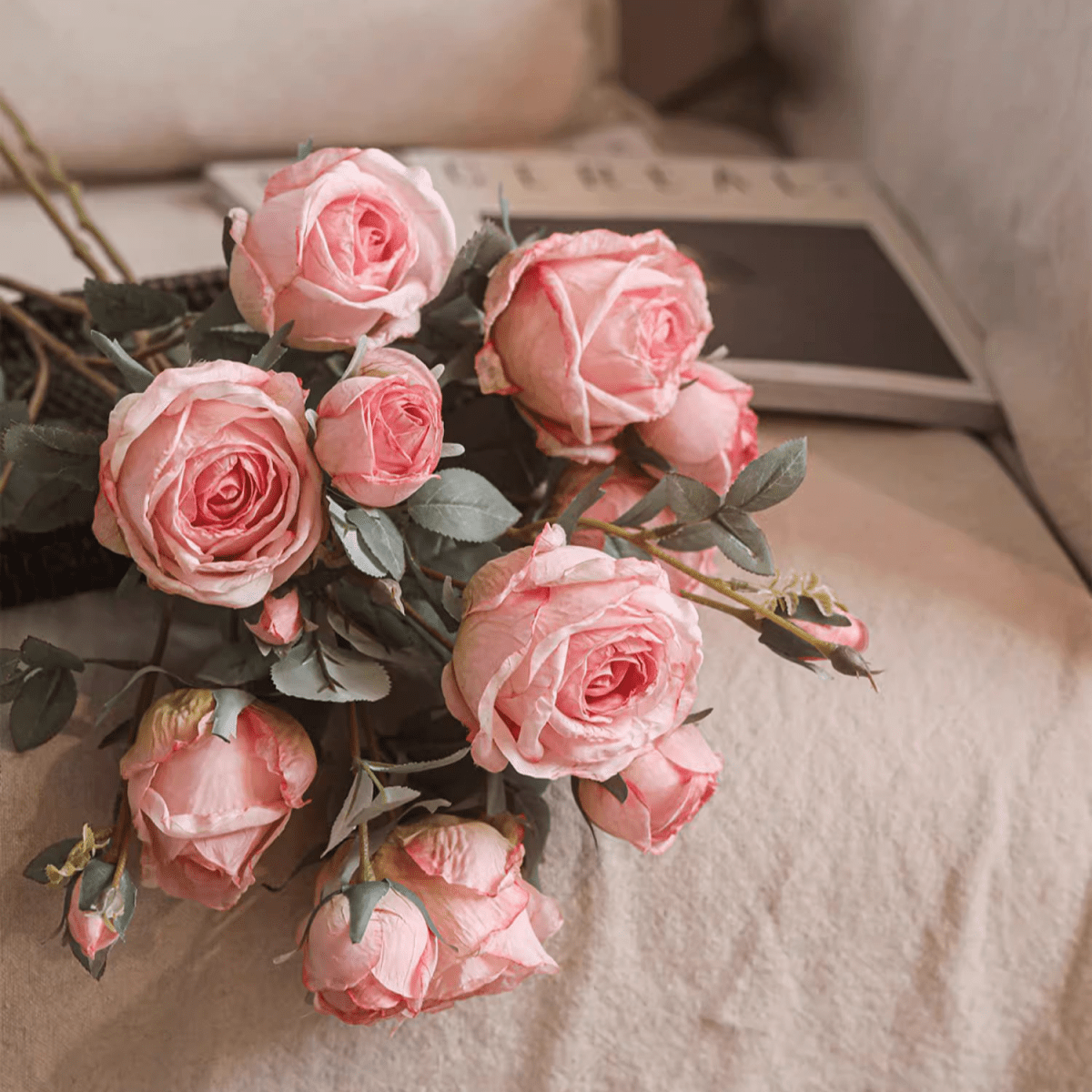 Miriya Large Rose Stem by RusticReach pink artificial roses with dusty leaves 25.2 in tall on Tampa Home & Garden Store