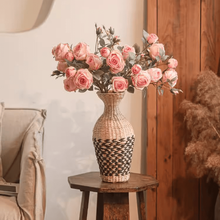 Miriya Large Rose Flower Stem by RusticReach, pink roses in a woven vase, 25.2 inches tall on Tampa Home & Garden Store