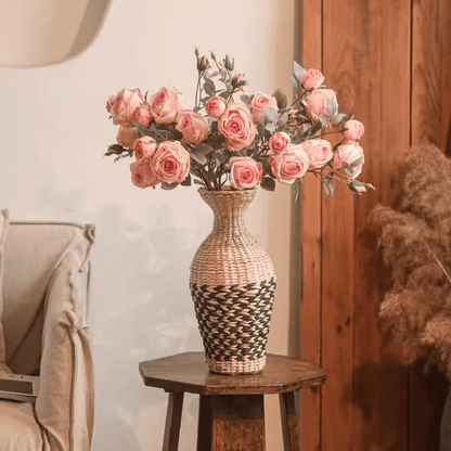 Miriya Large Rose Flower Stem by RusticReach, pink roses in a woven vase, 25.2 inches tall on Tampa Home & Garden Store