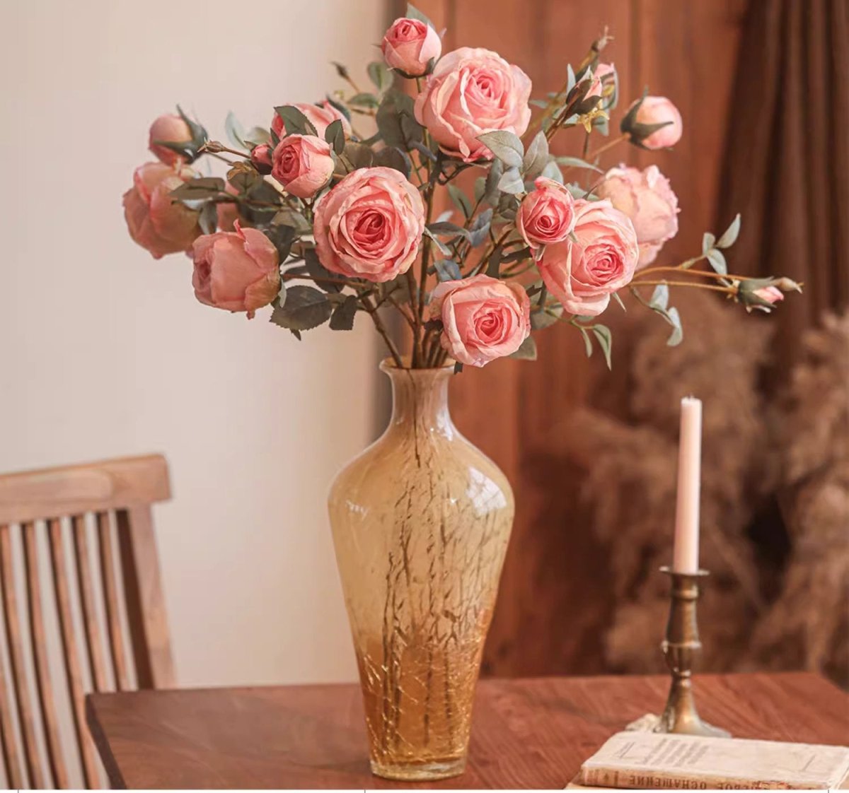 Miriya large pink rose stem arrangement in a tall gold vase RusticReach 25.2 tall on Tampa Home & Garden Store