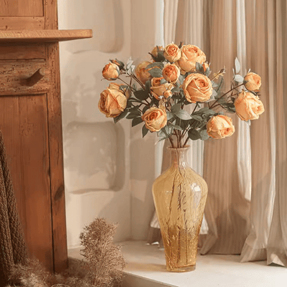 Miriya large peach rose stem arrangement in amber glass vase with greenery RusticReach on Tampa Home & Garden Store