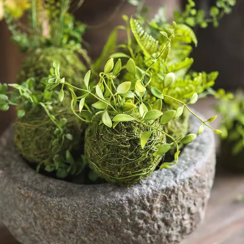 Mossy Meadow Foam Ball by RusticReach with green foliage on a mossy sphere in a stone planter on Tampa Home & Garden Store
