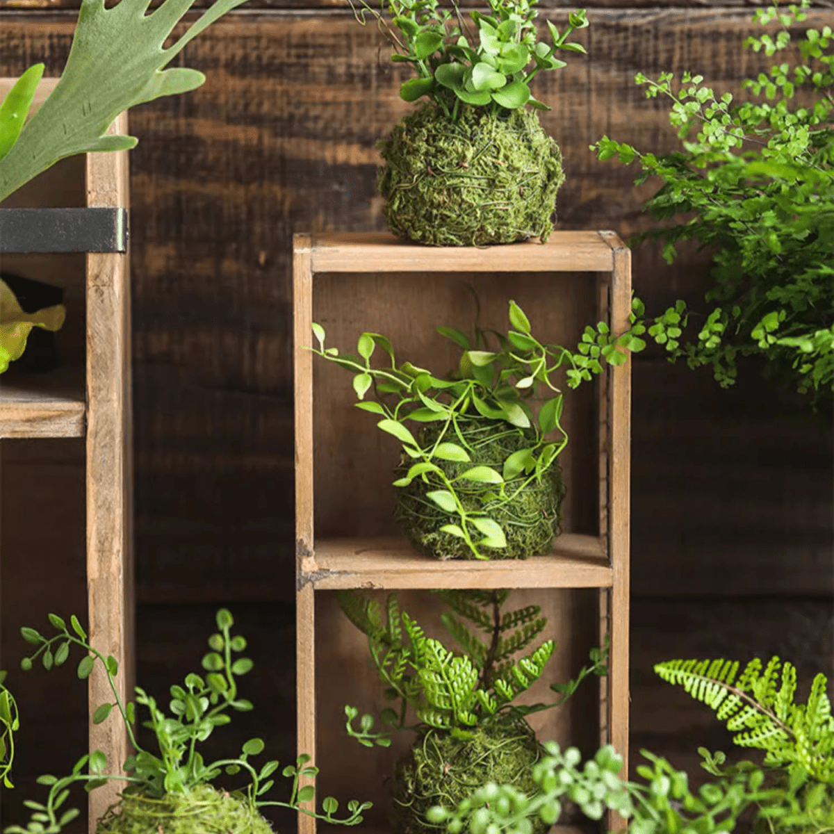 Mossy Meadow Foam Balls by RusticReach, moss-covered foam balls with greenery on a display on Tampa Home & Garden Store