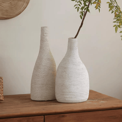 Narrow Neck Vase in White by RusticReach, textured ceramic with beige companion atop wood on Tampa Home & Garden Store
