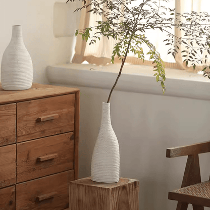 Narrow Neck White Ceramic Vase, rustic textured surface, 2 vases with leafy branch RusticReach on Tampa Home & Garden Store