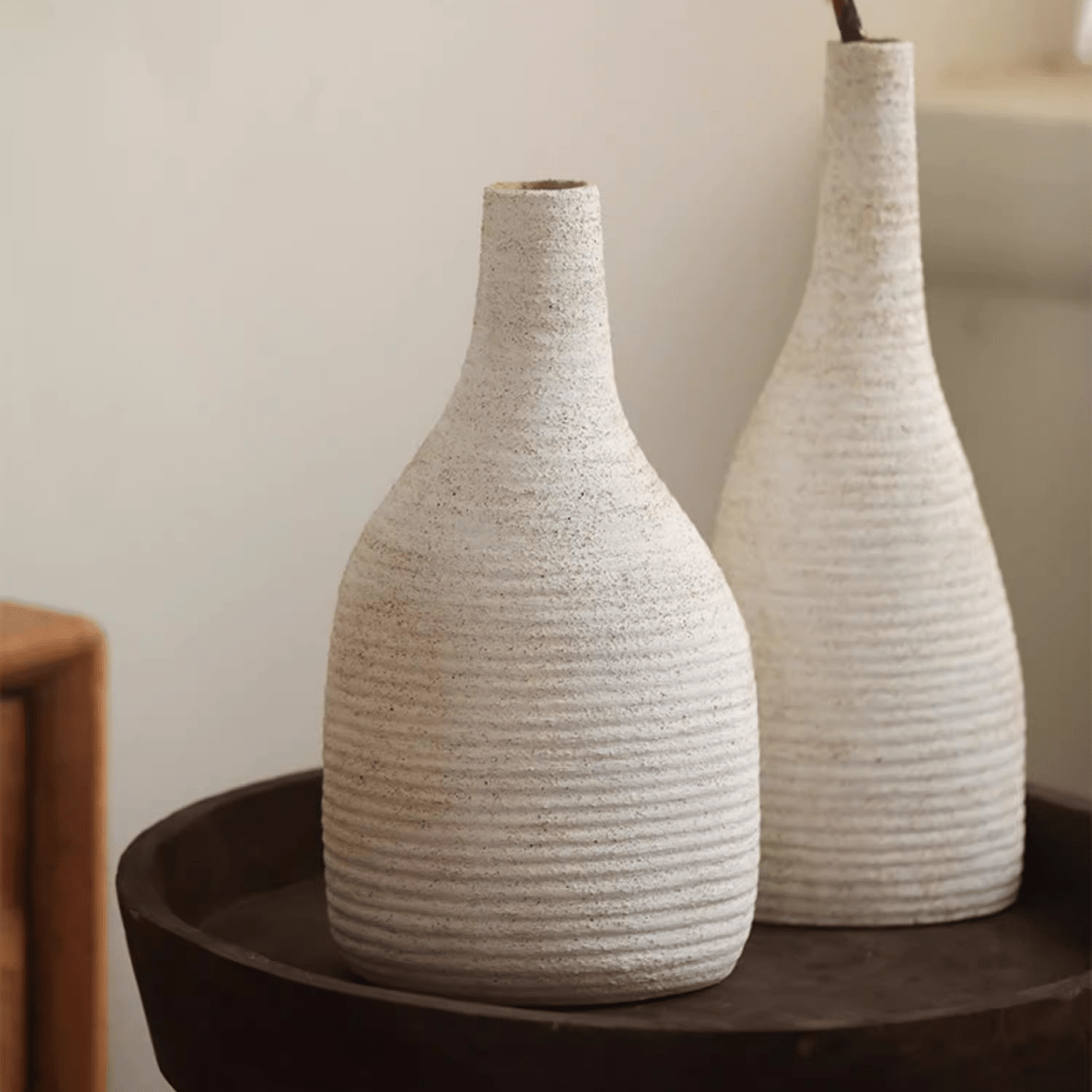 Two Narrow Neck Vases in White ceramic with ribbed texture by RusticReach on Tampa Home & Garden Store