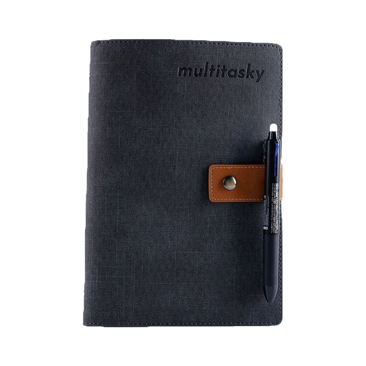 Everything Notebook B5 with denim cover, brown leather patch and pen pocket holding 2 pens on Tampa Home & Garden Store