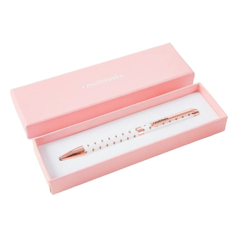 Conquer My Day black ink pen by multisky with white patterned barrel and rose-gold cap in pink box on Tampa Home & Garden Store