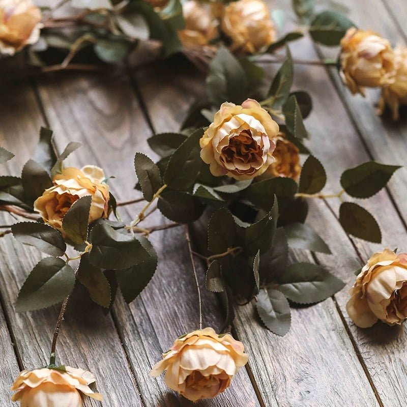 Artificial small peony flower vine 65-inch long with peach petals and green leaves RusticReach on Tampa Home & Garden Store