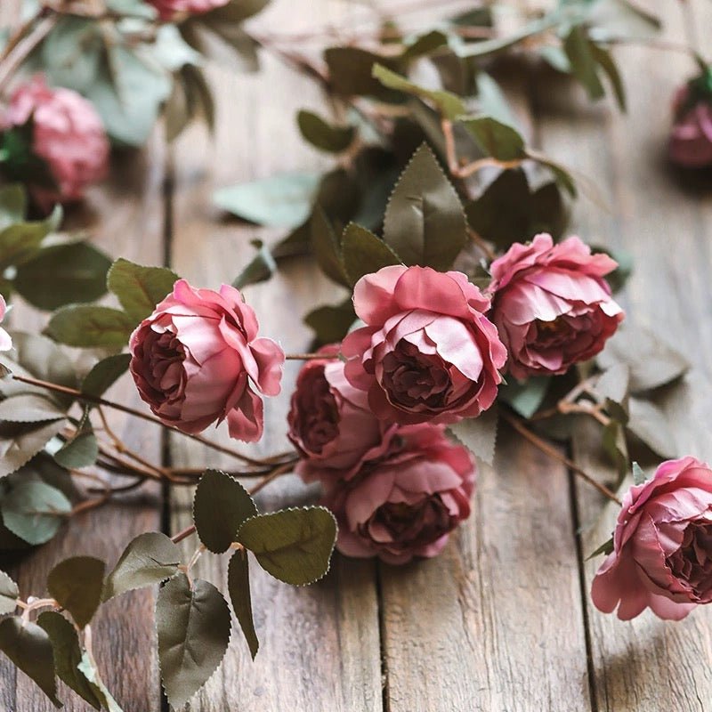 Artificial small peony flower vine 65-inch long pink blooms and green leaves RusticReach on Tampa Home & Garden Store