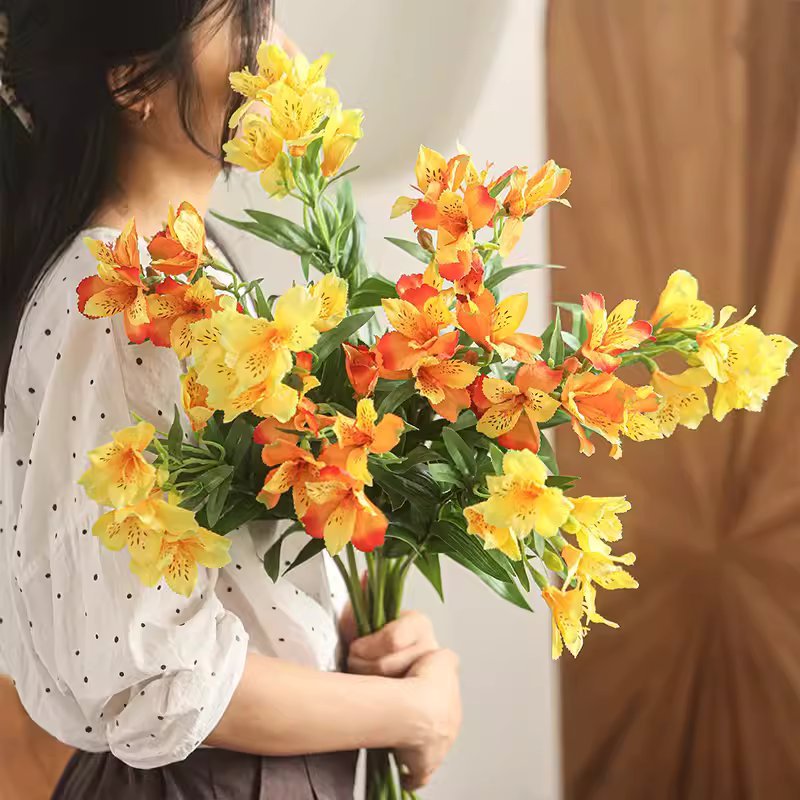 Artificial Peruvian Lily Stem bouquet in yellow and orange with green leaves RusticReach on Tampa Home & Garden Store