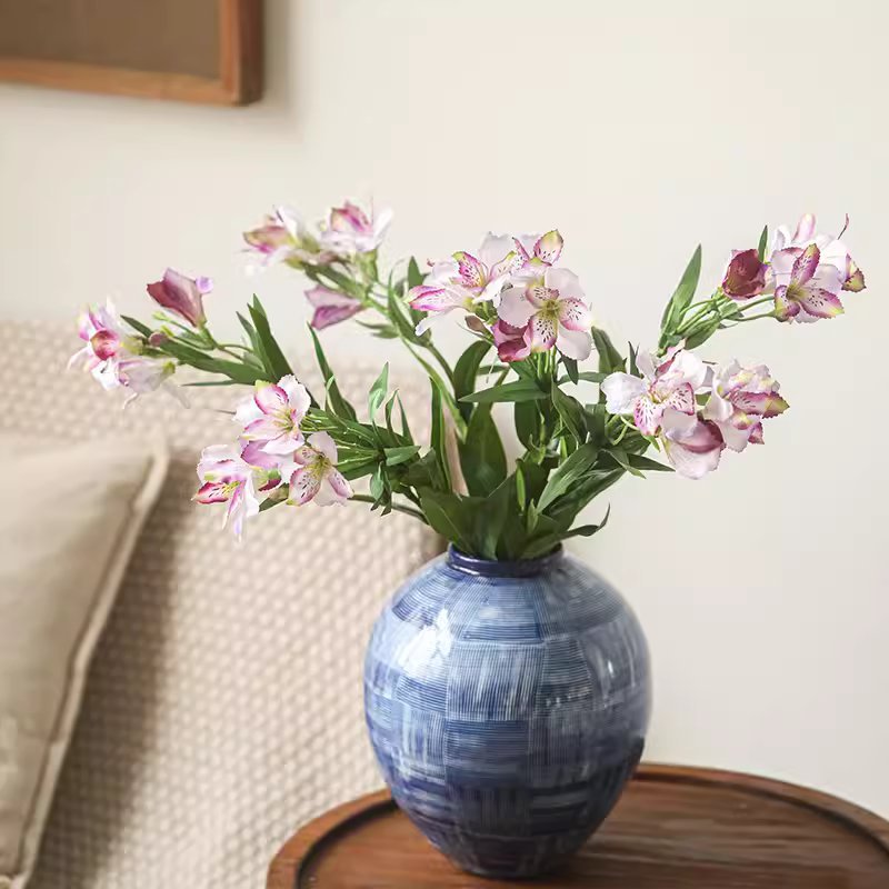 Artificial Peruvian Lily Stem 29.5in tall in blue vase with pink-white blooms RusticReach on Tampa Home & Garden Store