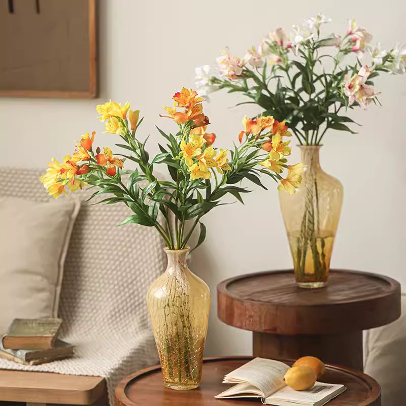 Two Artificial Peruvian Lily Stems 29.5 inches tall in amber glass vases RusticReach on Tampa Home & Garden Store
