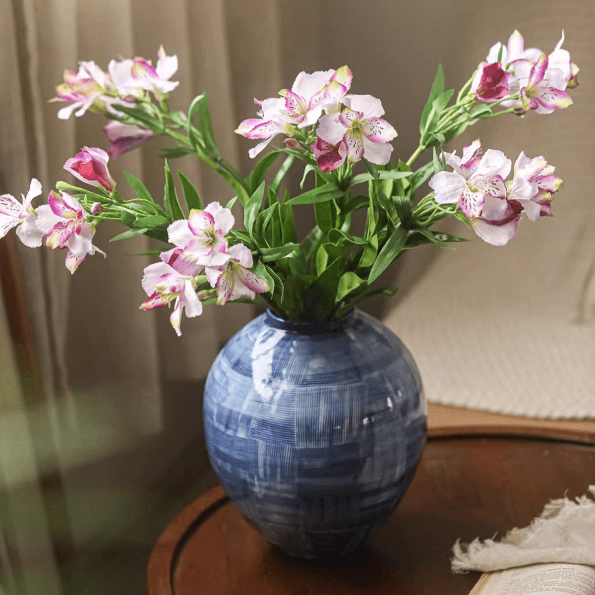 Artificial Peruvian Lily stems, 29.5 in tall, pink-white blooms in a blue ceramic vase on Tampa Home & Garden Store