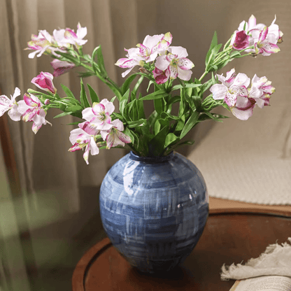 Artificial Peruvian Lily stems, 29.5 in tall, pink-white blooms in a blue ceramic vase on Tampa Home & Garden Store