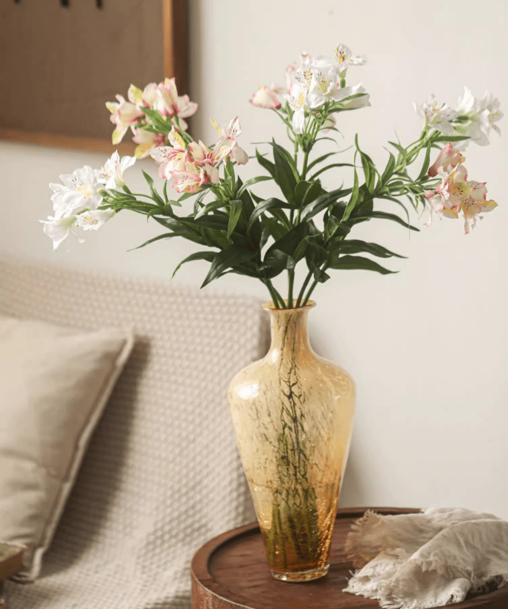 Artificial Peruvian Lily Stem 29.5in tall RusticReach amber vase with white/pink blooms on Tampa Home & Garden Store