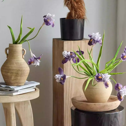 Purple Iris Stem 22 in tall artificial flowers in beige vessels RusticReach on Tampa Home & Garden Store