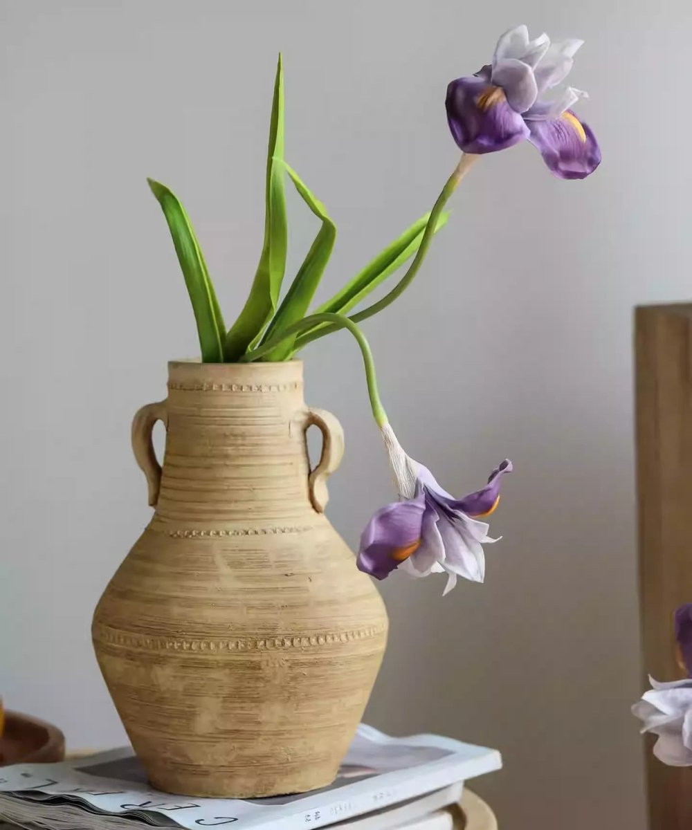 Purple Iris Stem 22in Tall artificial flowering plant in a beige vase with handles RusticReach on Tampa Home & Garden Store