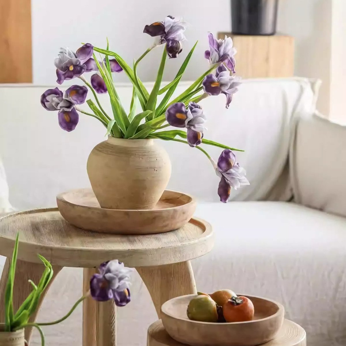 Artificial Purple Iris Stem 22in tall in beige ceramic vase with green leaves RusticReach on Tampa Home & Garden Store