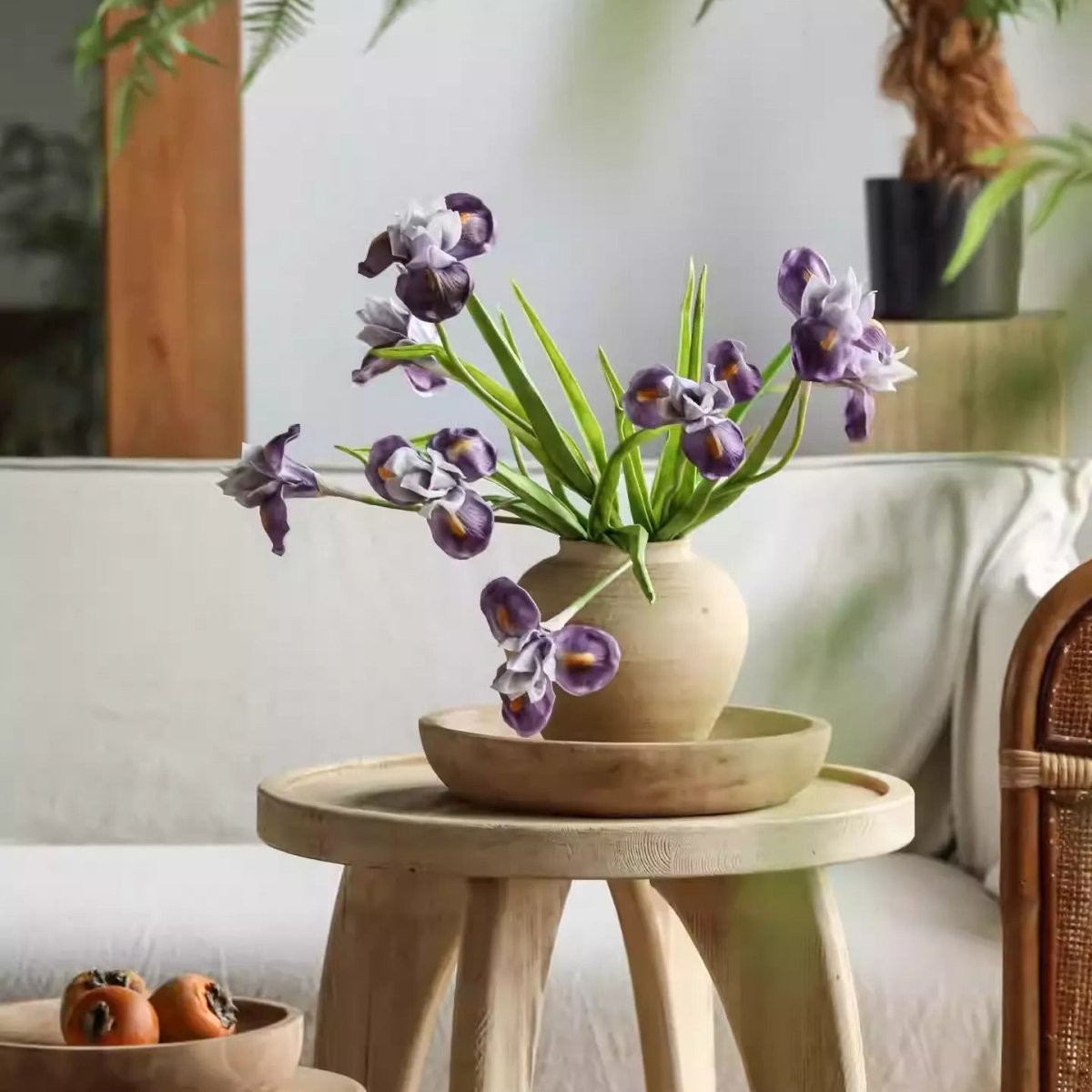 Purple Iris Stem 22in tall artificial flowering plant RusticReach with green leaves in beige vase on Tampa Home & Garden Store