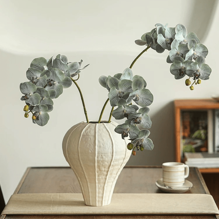 RusticReach Real Touch Orchid stems, blue-green blooms, three stems, 35-inch tall in a cream vase on Tampa Home & Garden Store