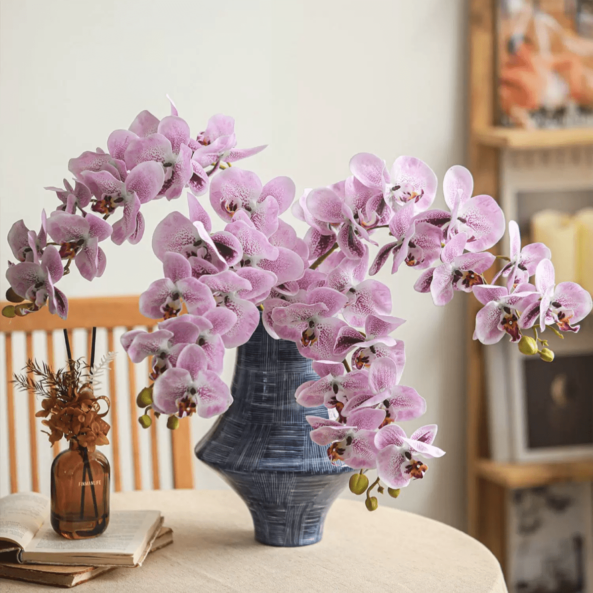 Real Touch Orchid Stem with pink blooms, 35 inches tall, RusticReach in a blue vase on Tampa Home & Garden Store