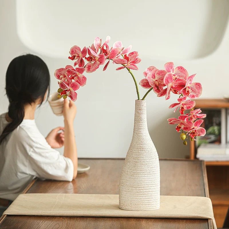 Real Touch Orchid Stem pink blooms, 35-inch tall, RusticReach in a textured white vase on Tampa Home & Garden Store