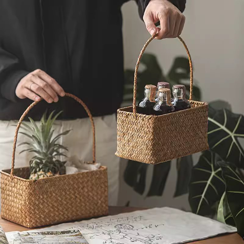 Rectangular Woven Carry Basket Organizer set of 2 natural wicker rope handles RusticReach on Tampa Home & Garden Store