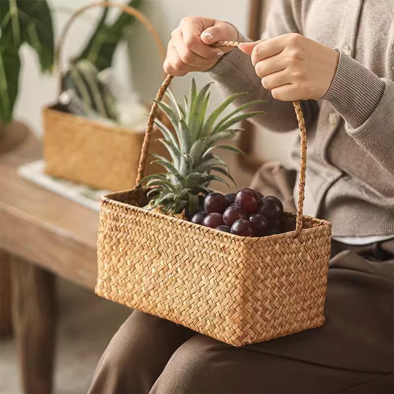 Rectangular woven carry basket organizer by RusticReach in fiber with handles, holds fruit on Tampa Home & Garden Store