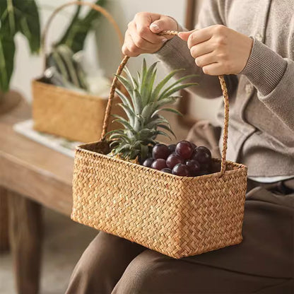Rectangular woven carry basket organizer by RusticReach in fiber with handles, holds fruit on Tampa Home & Garden Store